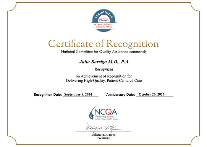 Certificate of Recognition at Julia Barriga M.D P.A. in Tampa FL Certificate of Recognition at Julia Barriga M.D P.A. in Tampa FL