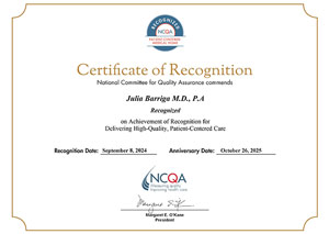 Certificate of Recognition at Julia Barriga M.D P.A. in Tampa FL Certificate of Recognition at Julia Barriga M.D P.A. in Tampa FL