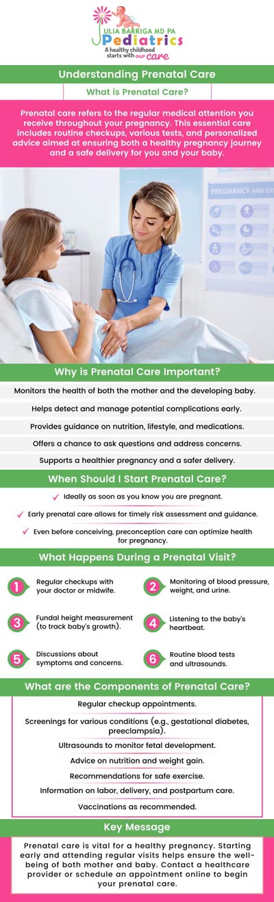 Prenatal visits are essential for a healthy pregnancy, providing assessment, education, and support. They involve weighing and checking blood pressure, urine, and uterine size. The recommended prenatal visit schedule is from Weeks 4 to 28 with one monthly visit, Weeks 28 to 36 with one weekly visit, and Weeks 36 to 40 with one weekly visit. If complications occur, more frequent visits may be necessary. Julia Barriga M.D. P.A., a pediatric clinic, offers prenatal visits for healthy pregnancies. For more information, contact us or request an appointment online. We are conveniently located at 5001 East Busch Blvd Tampa, FL 33617.