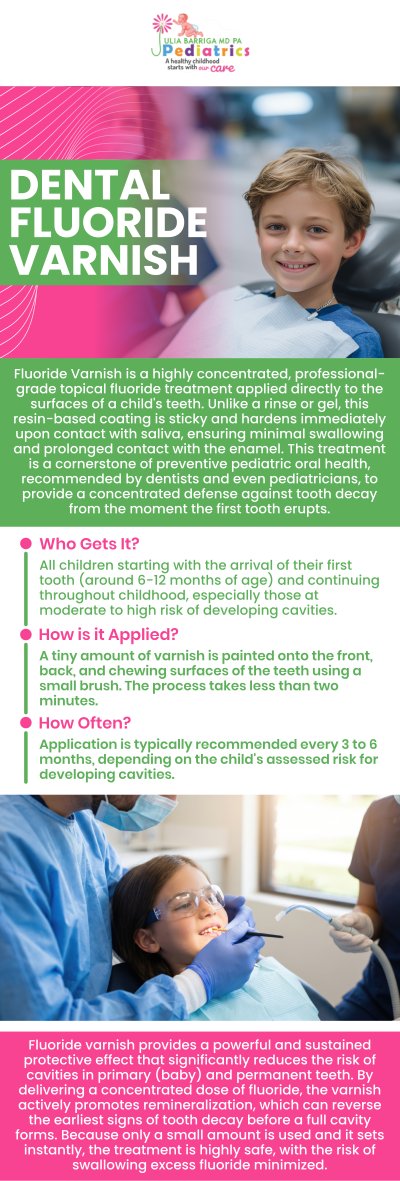Dr. Julia Barriga M.D. P.A., a board-certified pediatrician, offers safe and effective pediatric dental fluoride varnish treatment to prevent tooth decay and eliminate the risk of dental caries in young individuals. Fluoride varnish is a commonly used treatment worldwide, which strengthens tooth enamel and reduces the chances of fluorosis on unerupted teeth. For more information, contact us or request an appointment online. We are conveniently located at 5001 East Busch Blvd Tampa, FL 33617. Dr. Julia Barriga M.D. P.A., a board-certified pediatrician, offers safe and effective pediatric dental fluoride varnish treatment to prevent tooth decay and eliminate the risk of dental caries in young individuals. Fluoride varnish is a commonly used treatment worldwide, which strengthens tooth enamel and reduces the chances of fluorosis on unerupted teeth. For more information, contact us or request an appointment online. We are conveniently located at 5001 East Busch Blvd Tampa, FL 33617.