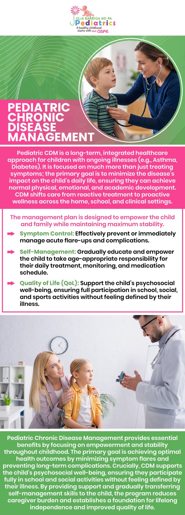 Children with chronic health conditions may face activity limitations, pain, delayed growth, and frequent medical visits and hospitalizations. Julia Barriga M.D. P.A. provides management of pediatric chronic conditions such as diabetes, asthma, ADHD, and more in Tampa, FL. For more information, please contact us or request an appointment online. We are conveniently located at 5001 East Busch Blvd Tampa, FL 33617. We are conveniently located at 5001 East Busch Blvd Tampa, FL 33617.